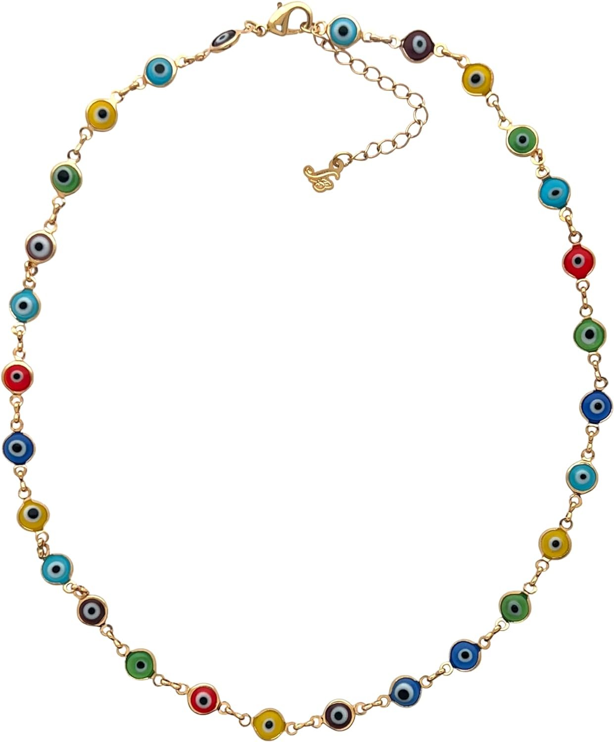 Sai Brazil 18K Yellow Gold Plated Rainbow Color Evil Eye Charm Figaro Chain Necklace - 16-18 inch Adjustable Lobster Claw Clasp