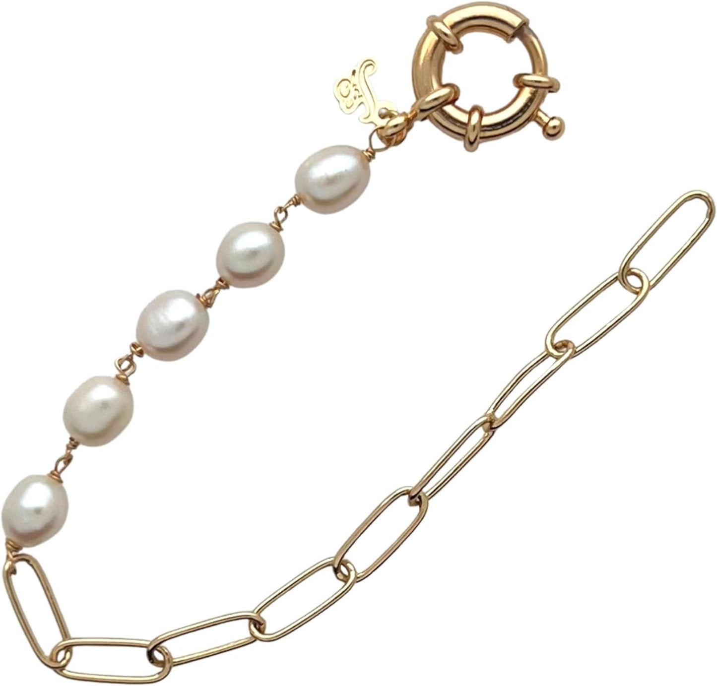 Sai Brazil 18K Yellow Gold Plated Paperclip Chain Bracelet with 7mm Freshwater Pearls, 7.5 inch - Adjustable