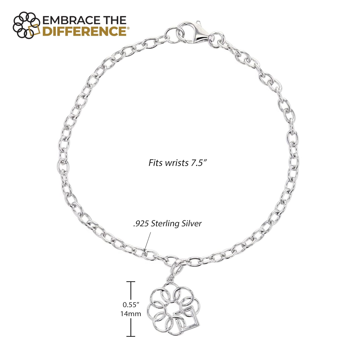 Embrace The Difference 14MM Mini .925 Sterling Silver Designed to Be Kind Emblem Charm Bracelet Adjust with 7" Adjustable Chain