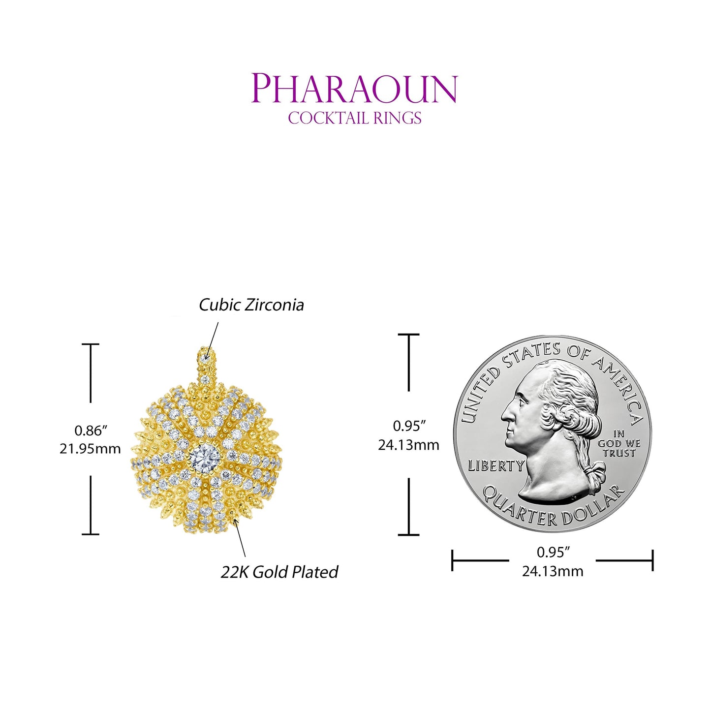 .925 Sterling Silver Cubic Zirconia 7/8" Round Domed Mini Sea Urchin Cocktail Pendant Charm by Pharaoun - Choice of Color