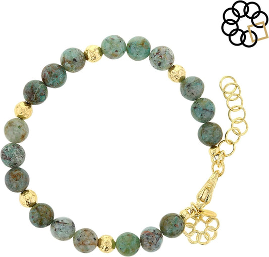 Embrace The Difference Natural Green Jasper Beaded Adjustable Strand Bracelet with 18K Gold Plated Beads, Charm Dangle