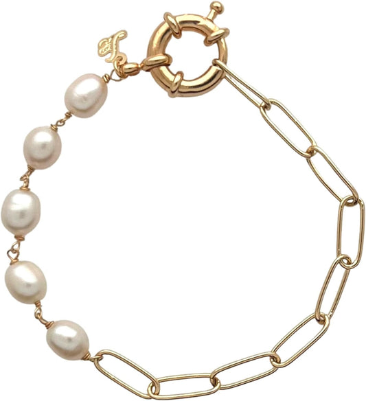 Sai Brazil 18K Yellow Gold Plated Paperclip Chain Bracelet with 7mm Freshwater Pearls, 7.5 inch - Adjustable