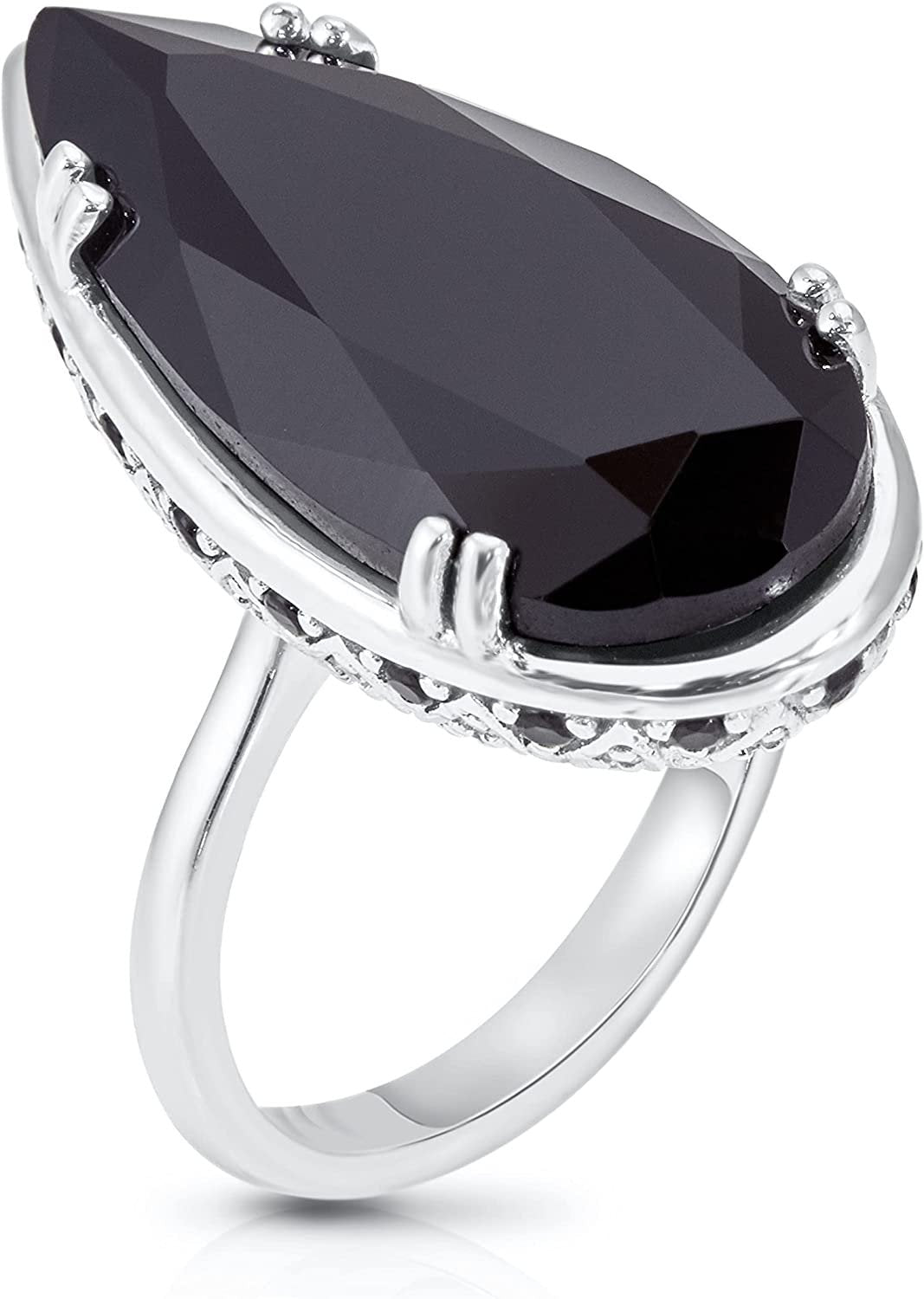 .925 Sterling Silver Pear Cut Black Cubic Zirconia Bash Drop Stackable Statement Ring with Hidden Gemstones - Choice of Metal Color