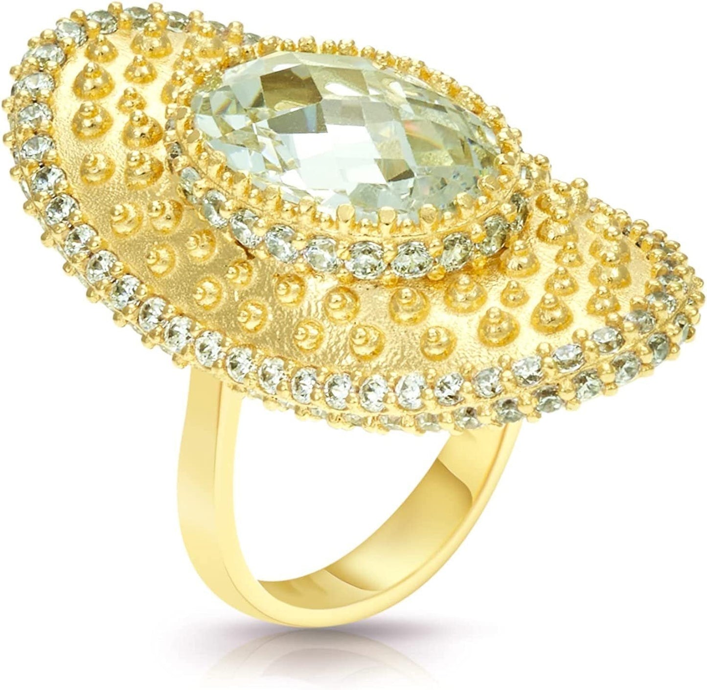 22K Yellow Gold Plated .925 Sterling Silver Oval Checkerboard Cut Cubic Zirconia Pamela Sun Hat Cocktail Statement Ring - Choice of Colors