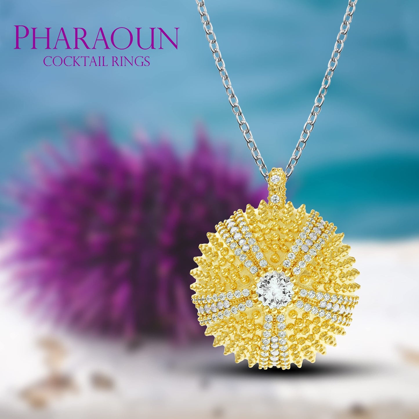 .925 Sterling Silver Cubic Zirconia 1-1/4" Round Domed Sea Urchin Cocktail Pendant Charm by Pharaoun - Choice of Color