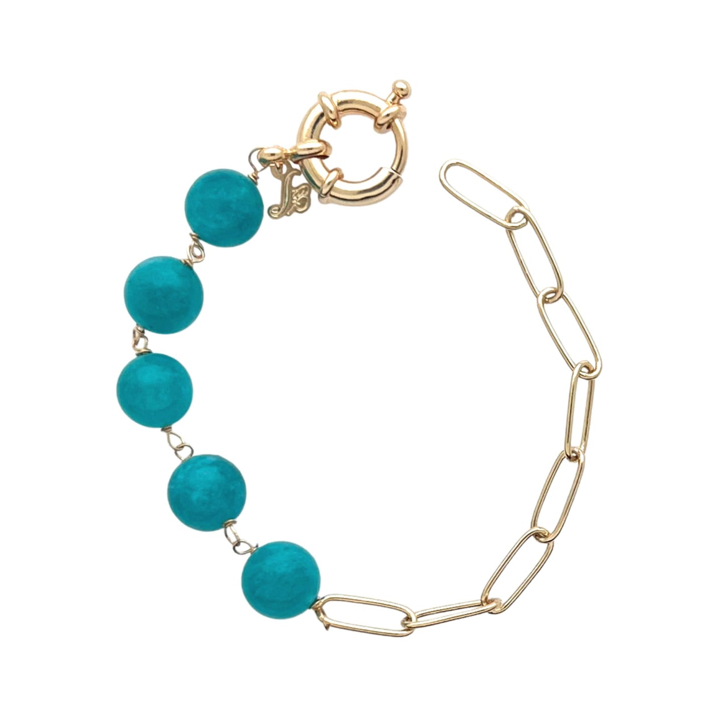 Sai Brazil 18K Yellow Gold Plated Paperclip Chain Bracelet with Round 10.5MM Teal Blue Amazonite Gemstones, 7.5 inch - Adjustable