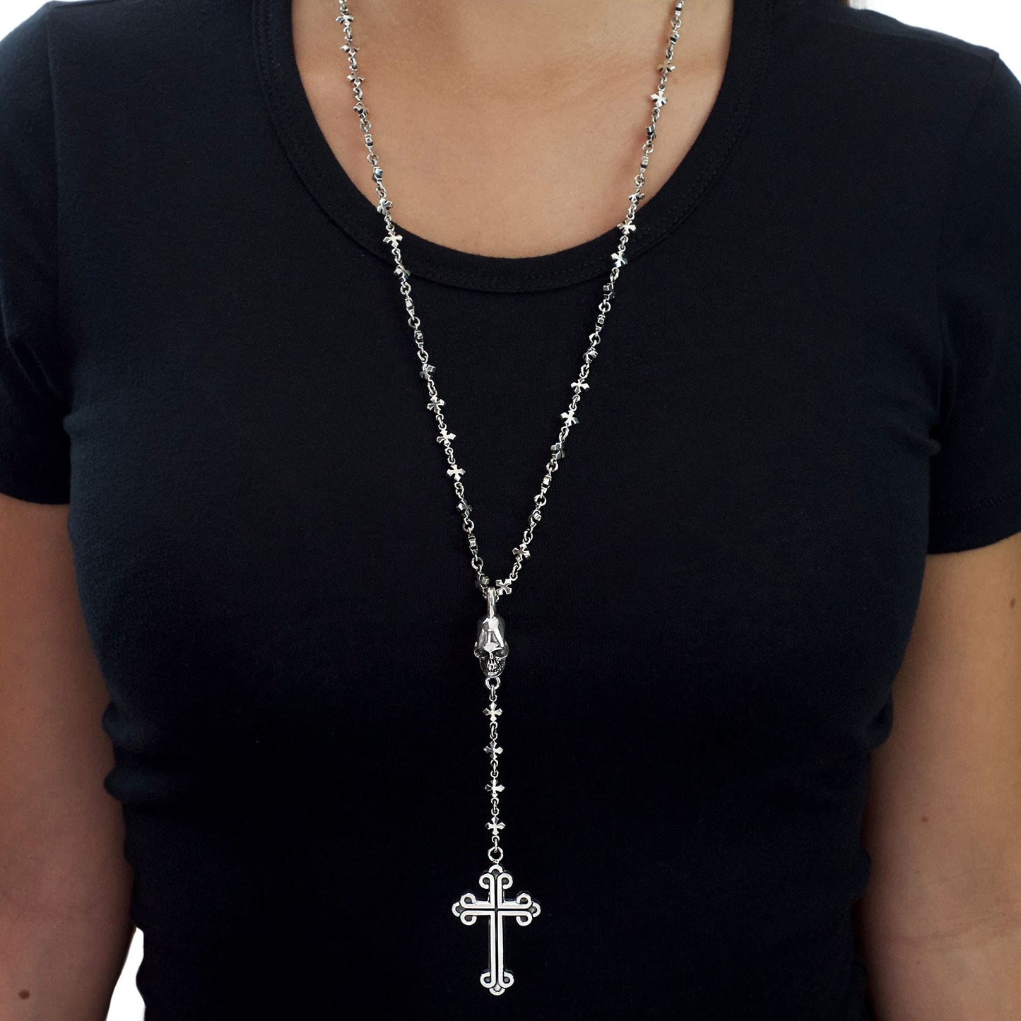 King Baby .925 Sterling Silver Mitchell Binder Signature Cross & Skull Rosary 30” Necklace