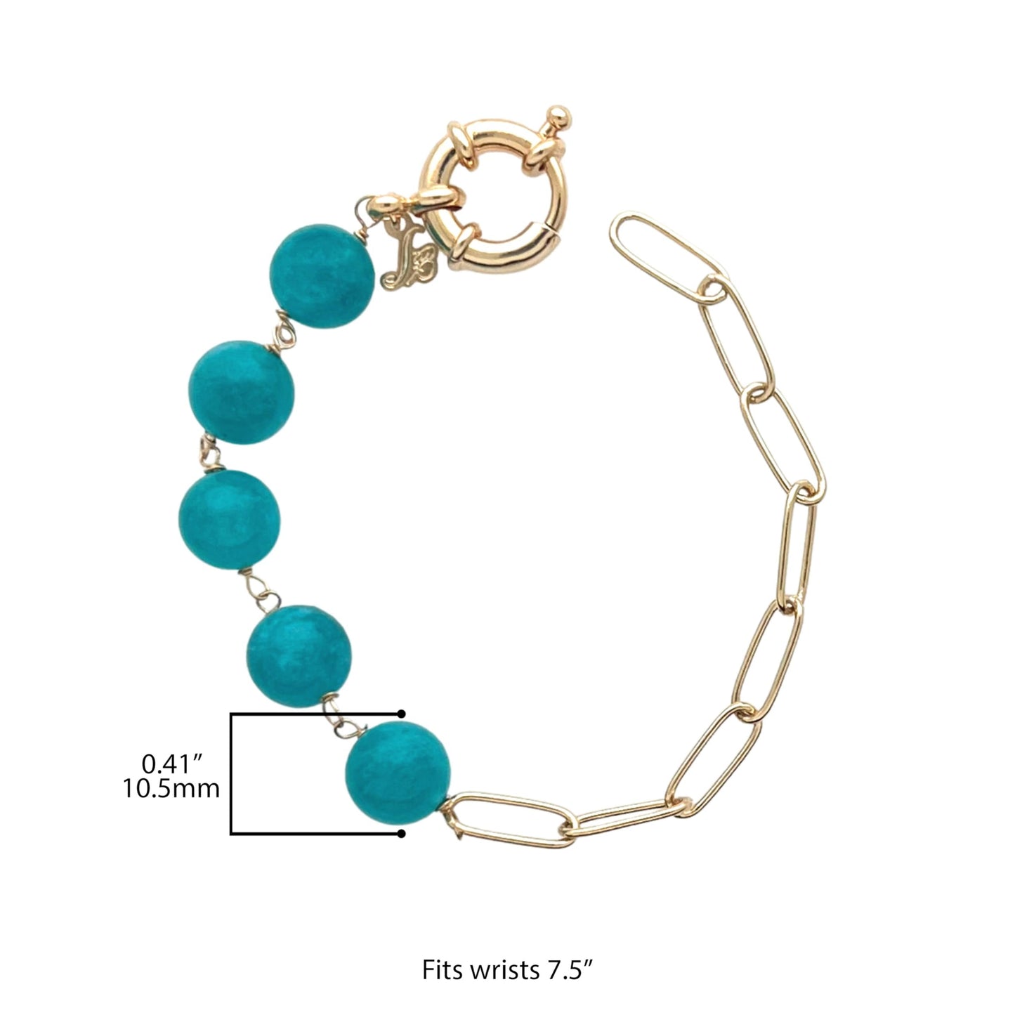 Sai Brazil 18K Yellow Gold Plated Paperclip Chain Bracelet with Round 10.5MM Teal Blue Amazonite Gemstones, 7.5 inch - Adjustable