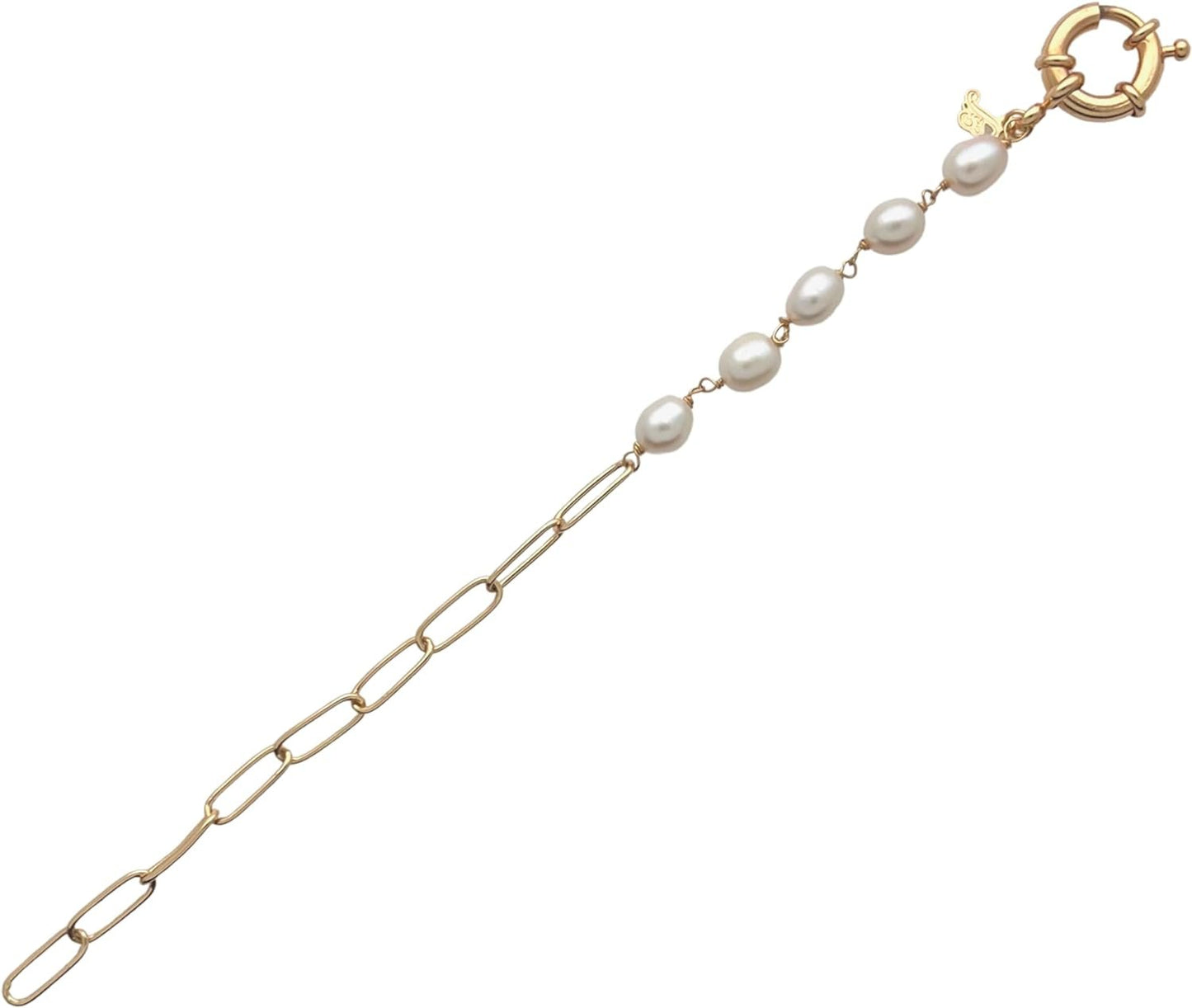 Sai Brazil 18K Yellow Gold Plated Paperclip Chain Bracelet with 7mm Freshwater Pearls, 7.5 inch - Adjustable