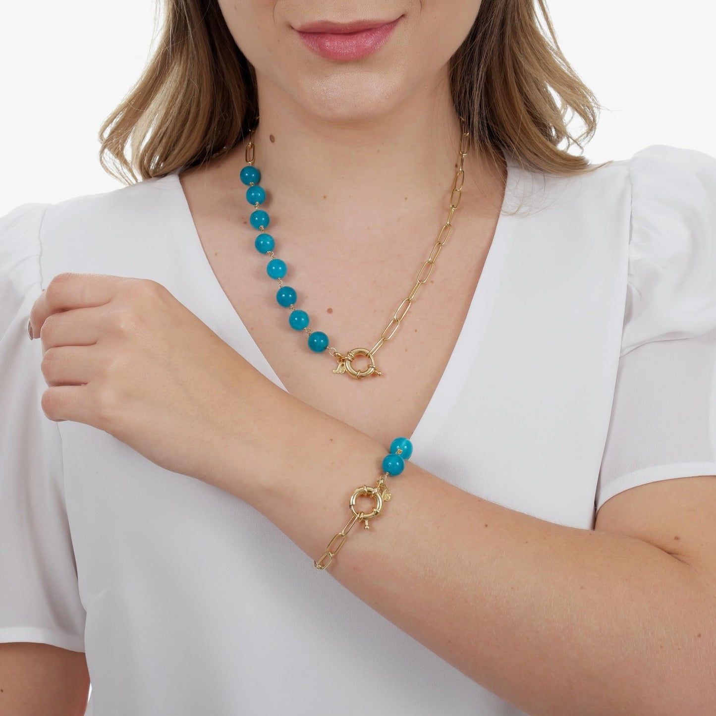 Sai Brazil 18K Yellow Gold Plated Paperclip Chain Bracelet with Round 10.5MM Teal Blue Amazonite Gemstones, 7.5 inch - Adjustable