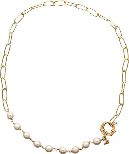 Sai Brazil 18K Yellow Gold Plated Paperclip Chain Necklace with 7mm Freshwater Pearls, 18 inch - Adjustable