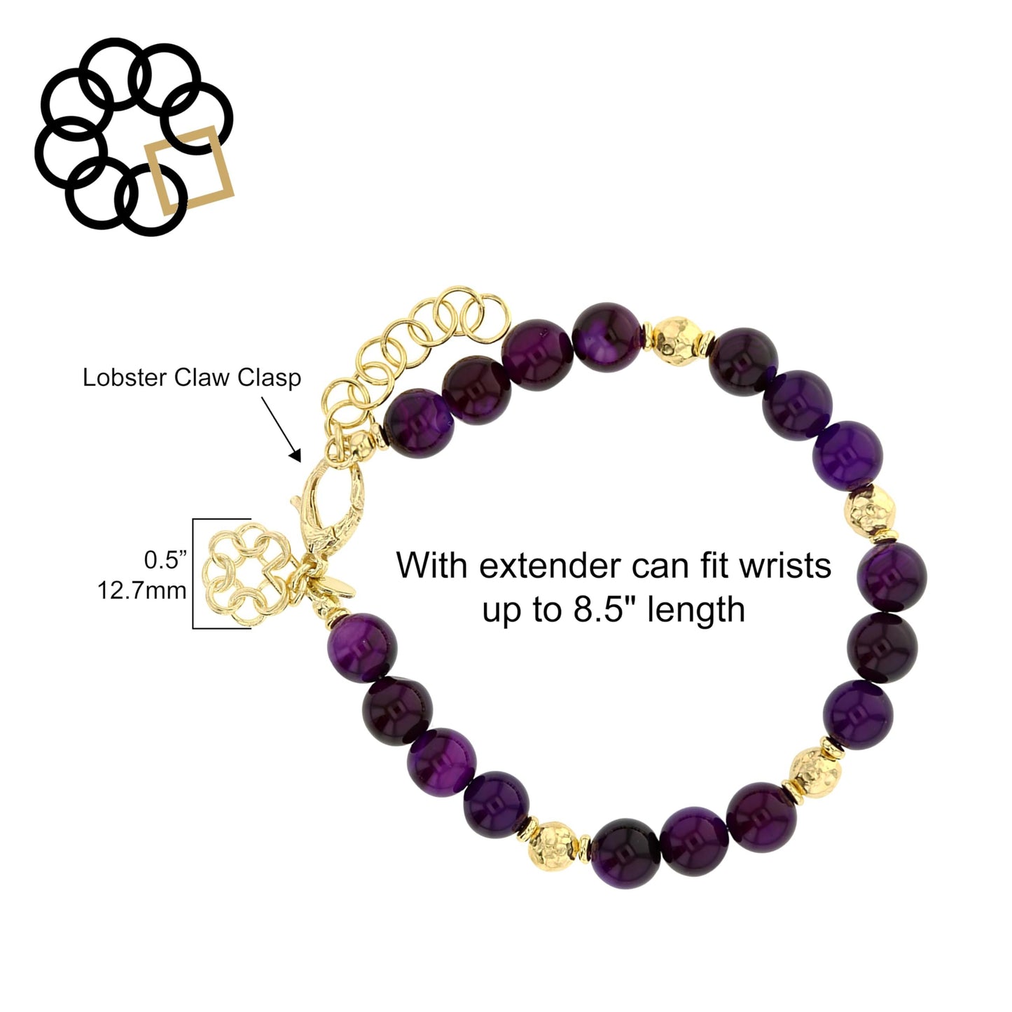 Embrace The Difference Natural Purple Agate Beaded Adjustable Strand Bracelet with 18K Gold Plated Beads, Charm Dangle