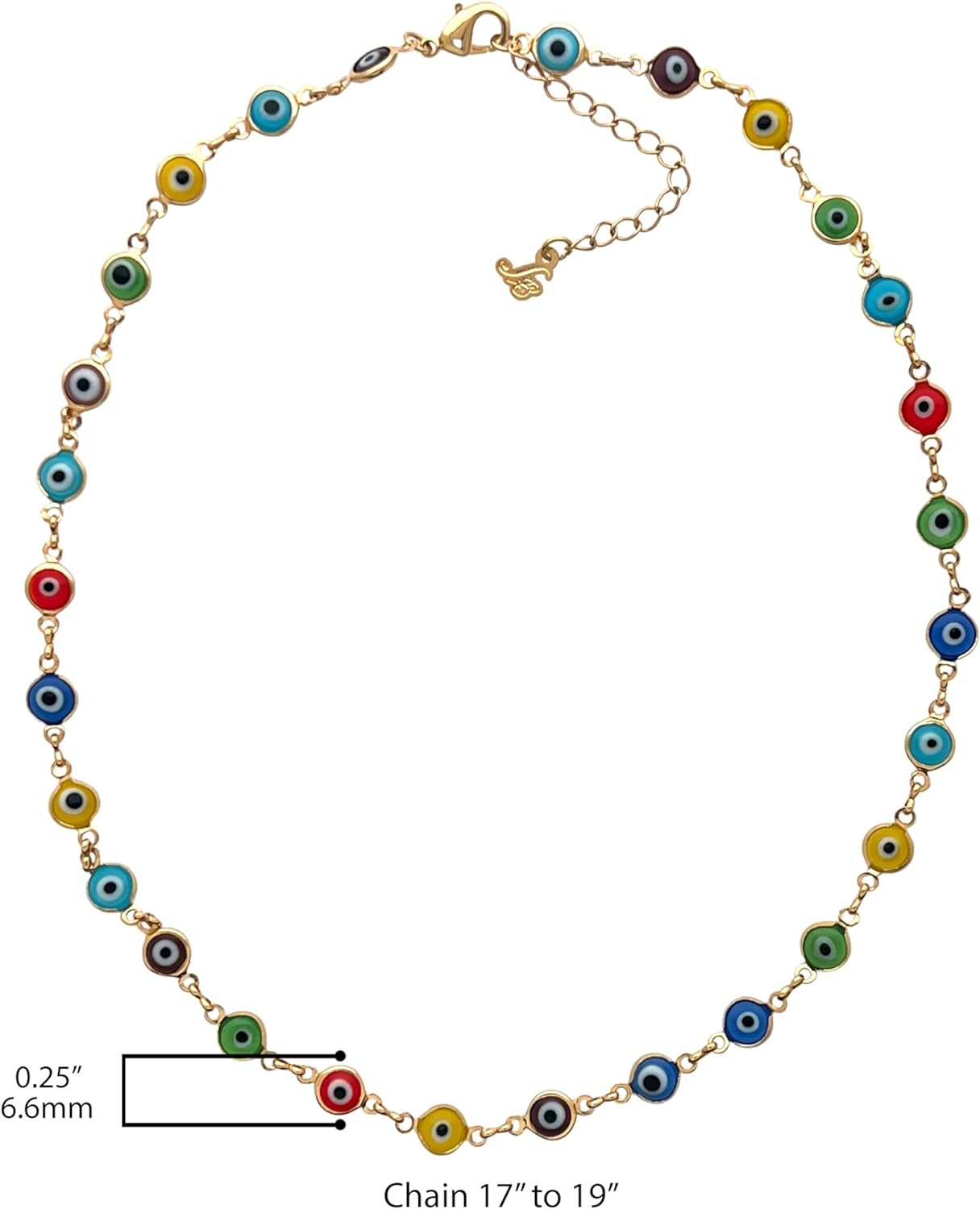 Sai Brazil 18K Yellow Gold Plated Rainbow Color Evil Eye Charm Figaro Chain Necklace - 16-18 inch Adjustable Lobster Claw Clasp