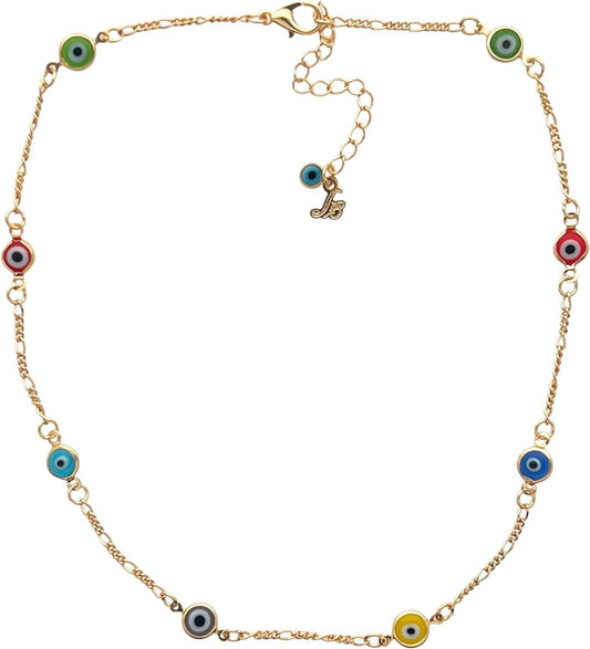 Sai Brazil 18K Yellow Gold Plated Rainbow Color Evil Eye Station Figaro Chain Necklace - 16-18 inch Adjustable Lobster Claw Clasp