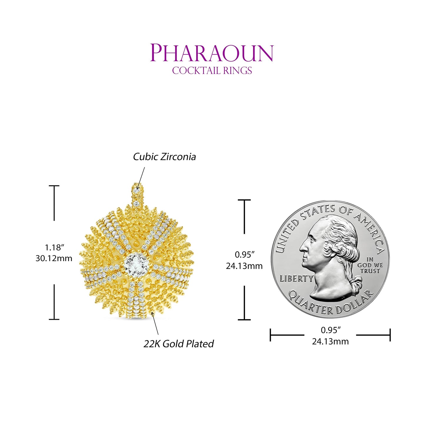 .925 Sterling Silver Cubic Zirconia 1-1/4" Round Domed Sea Urchin Cocktail Pendant Charm by Pharaoun - Choice of Color