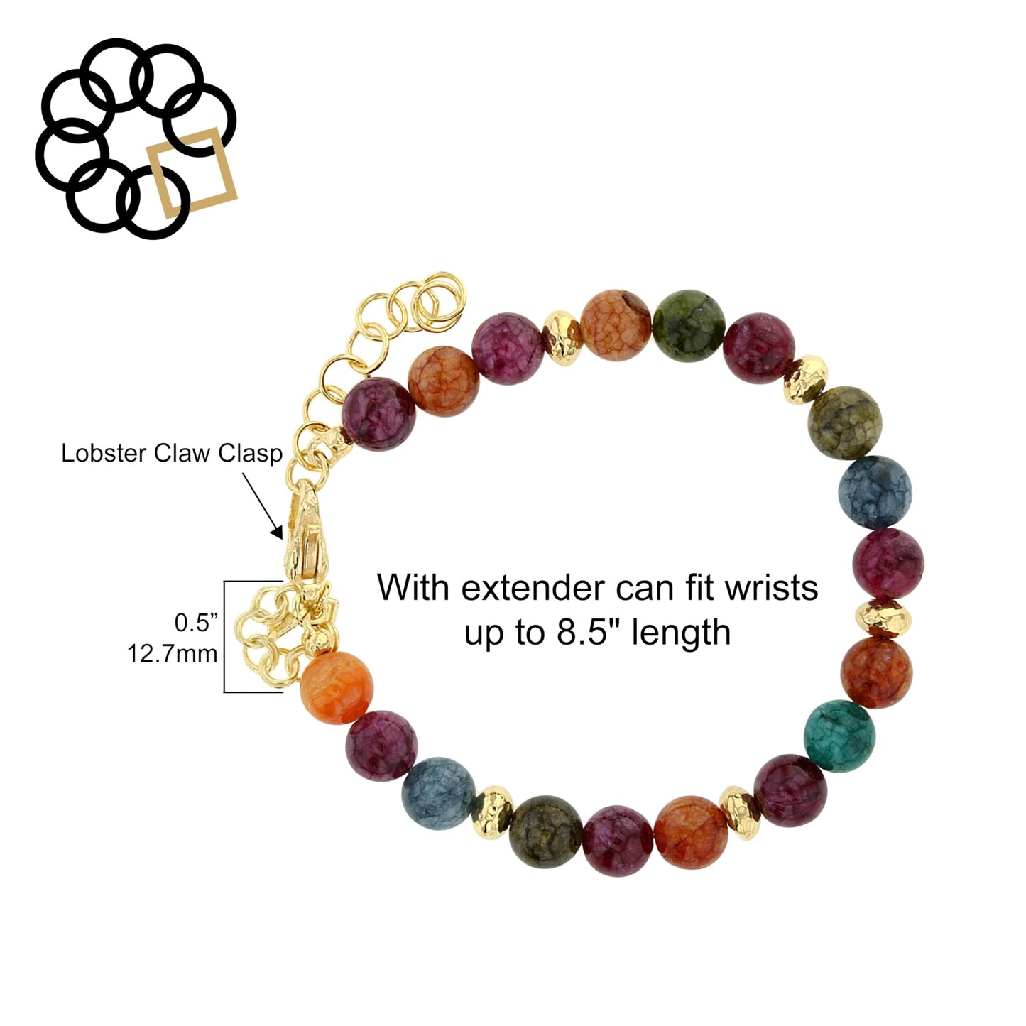 Embrace The Difference Natural Rainbow Agate Beaded Adjustable Strand Bracelet with 18K Gold Plated Beads, Charm Dangle