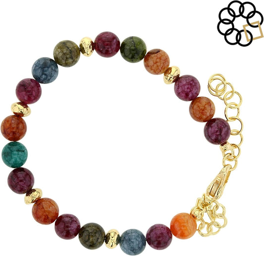 Embrace The Difference Natural Rainbow Agate Beaded Adjustable Strand Bracelet with 18K Gold Plated Beads, Charm Dangle