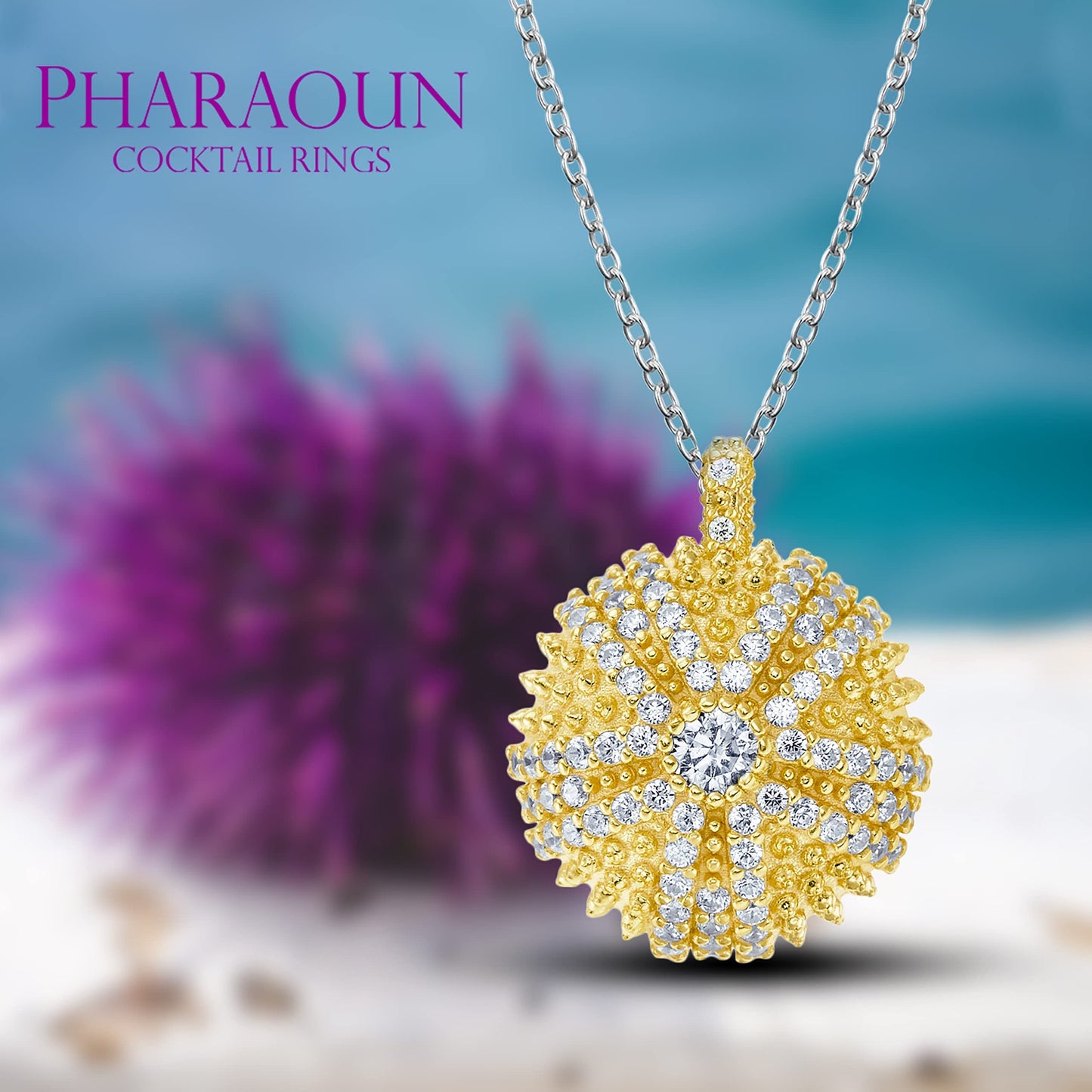 .925 Sterling Silver Cubic Zirconia 7/8" Round Domed Mini Sea Urchin Cocktail Pendant Charm by Pharaoun - Choice of Color