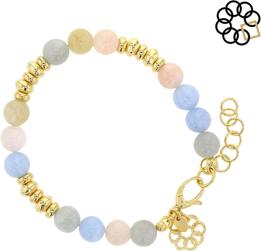 Embrace The Difference Natural Pink, Green and Blue Morganite Beaded Adjustable Strand Bracelet with 18K Gold Plated Beads, Charm Dangle