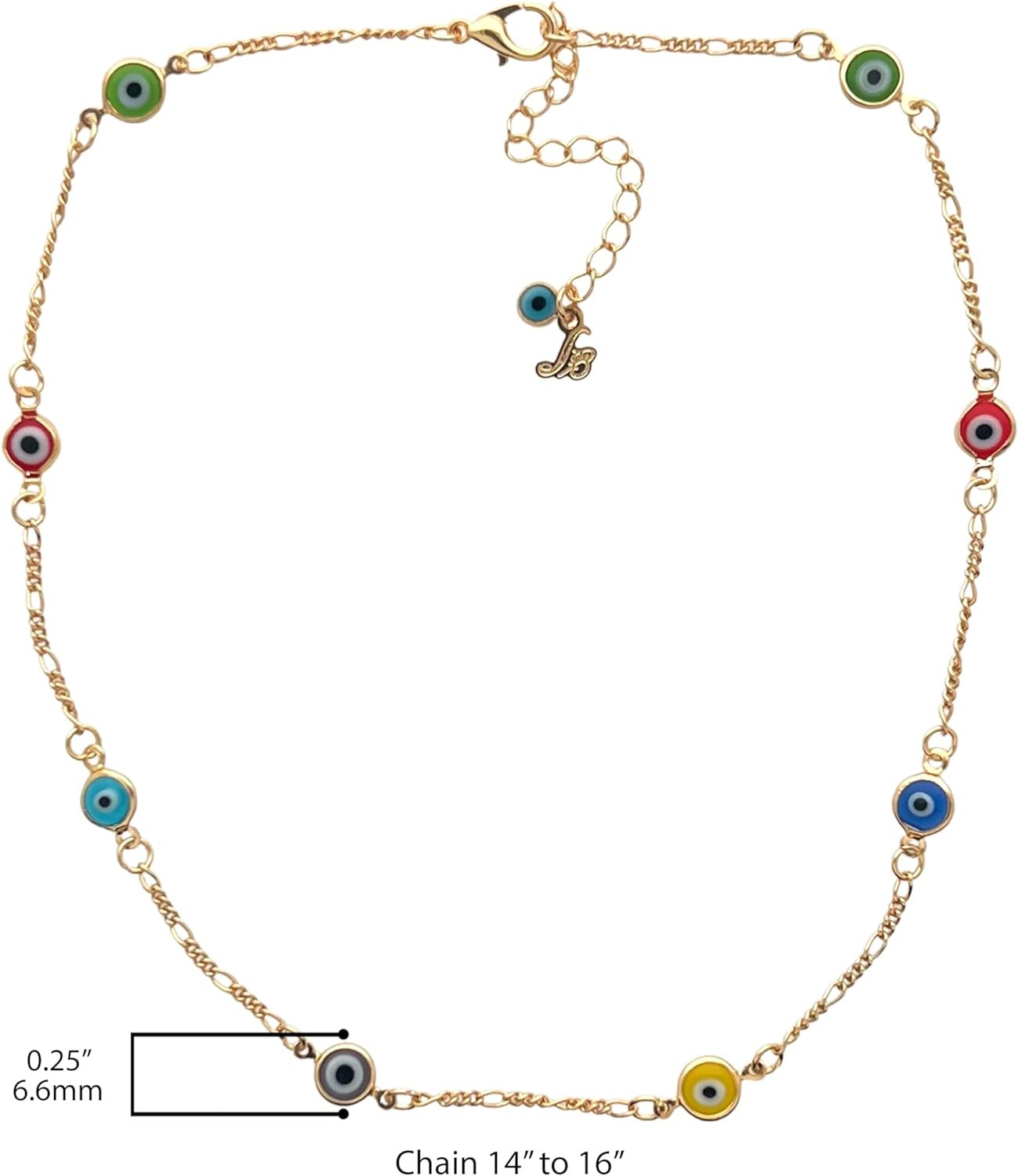 Sai Brazil 18K Yellow Gold Plated Rainbow Color Evil Eye Station Figaro Chain Necklace - 16-18 inch Adjustable Lobster Claw Clasp