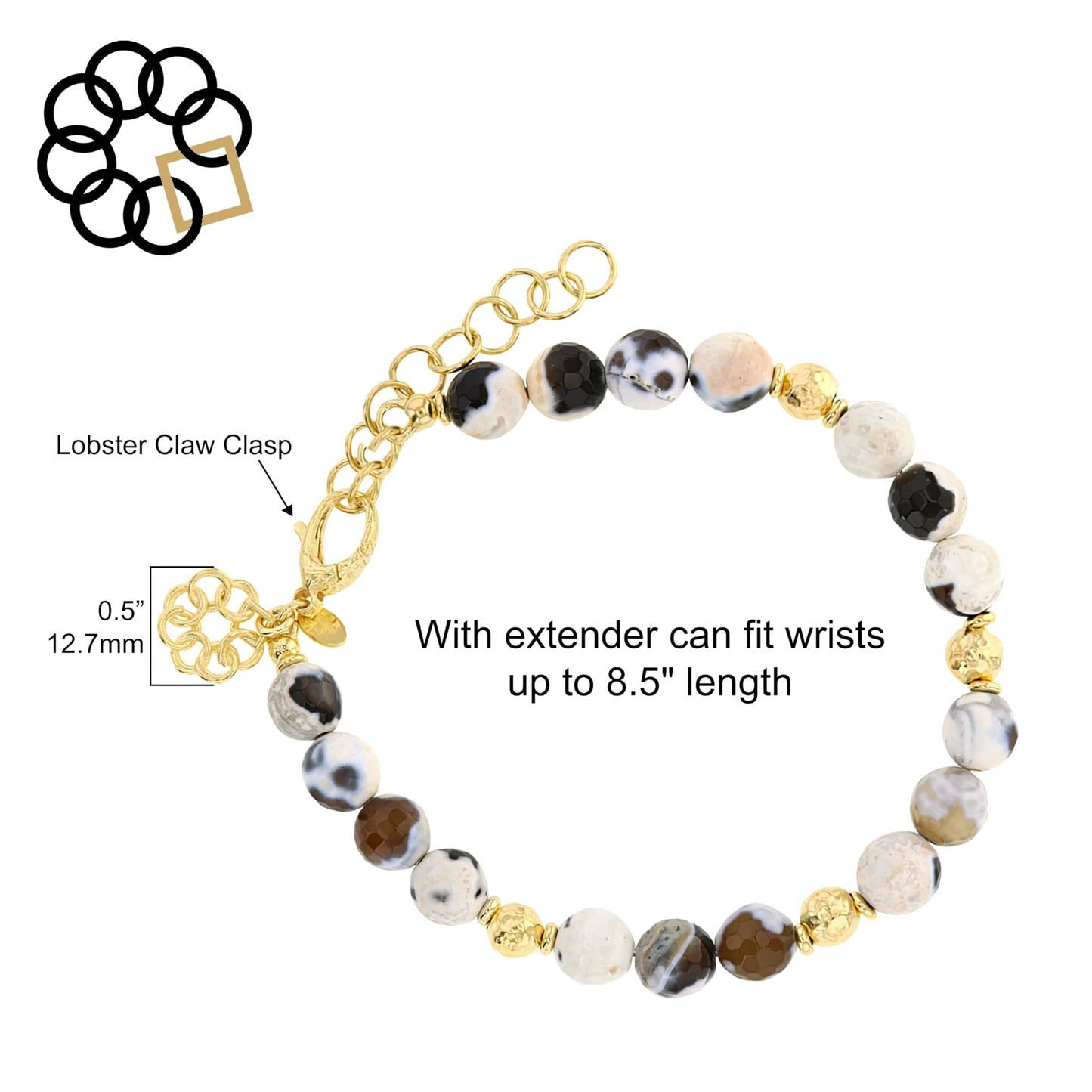 Embrace The Difference Natural Black And White Egg Agate Beaded Adjustable Strand Bracelet with 18K Gold Plated Beads, Charm Dangle