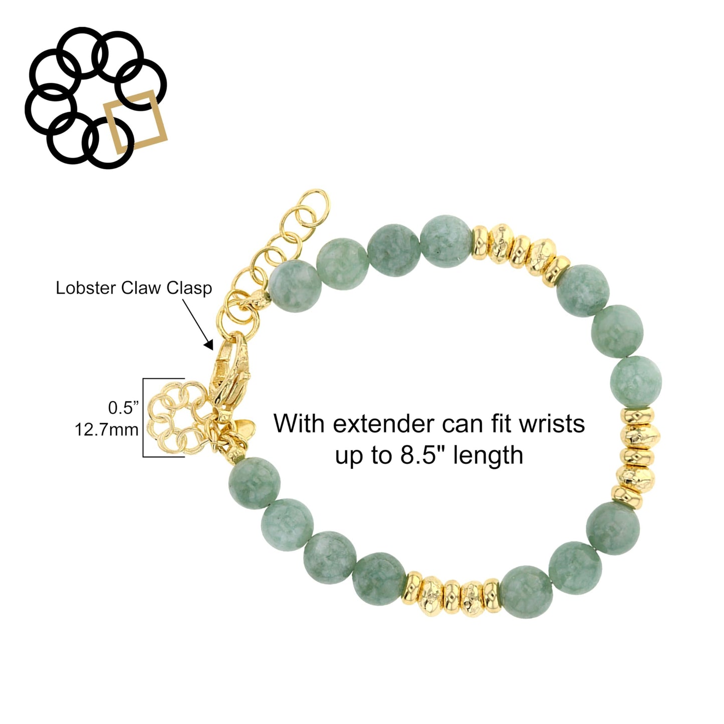 Natural Mint Green Burma Jade Beaded Adjustable Strand Bracelet with 18K Gold Plated Beads, Embrace the Difference Charm Dangle